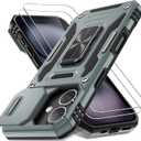 DEERLAMN Case for iPhone 16 with Slide Camera Cover+Screen Protector (2 Packs), Rotated Ring Kickstand Military Grade Shockproof Protective Cover-Grey