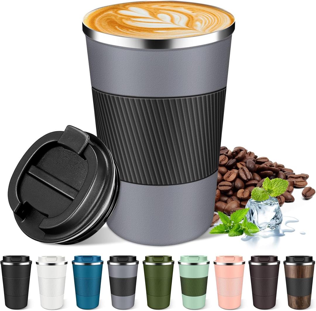 Insulated Coffee Mug 12oz & 17oz, Leakproof Coffee Cup with Lid, Thermal Coffee Tumbler Stainless Steel Reusable Coffee Mug Keep Cold and Hot Gift for Men Women (Gray, 17oz)