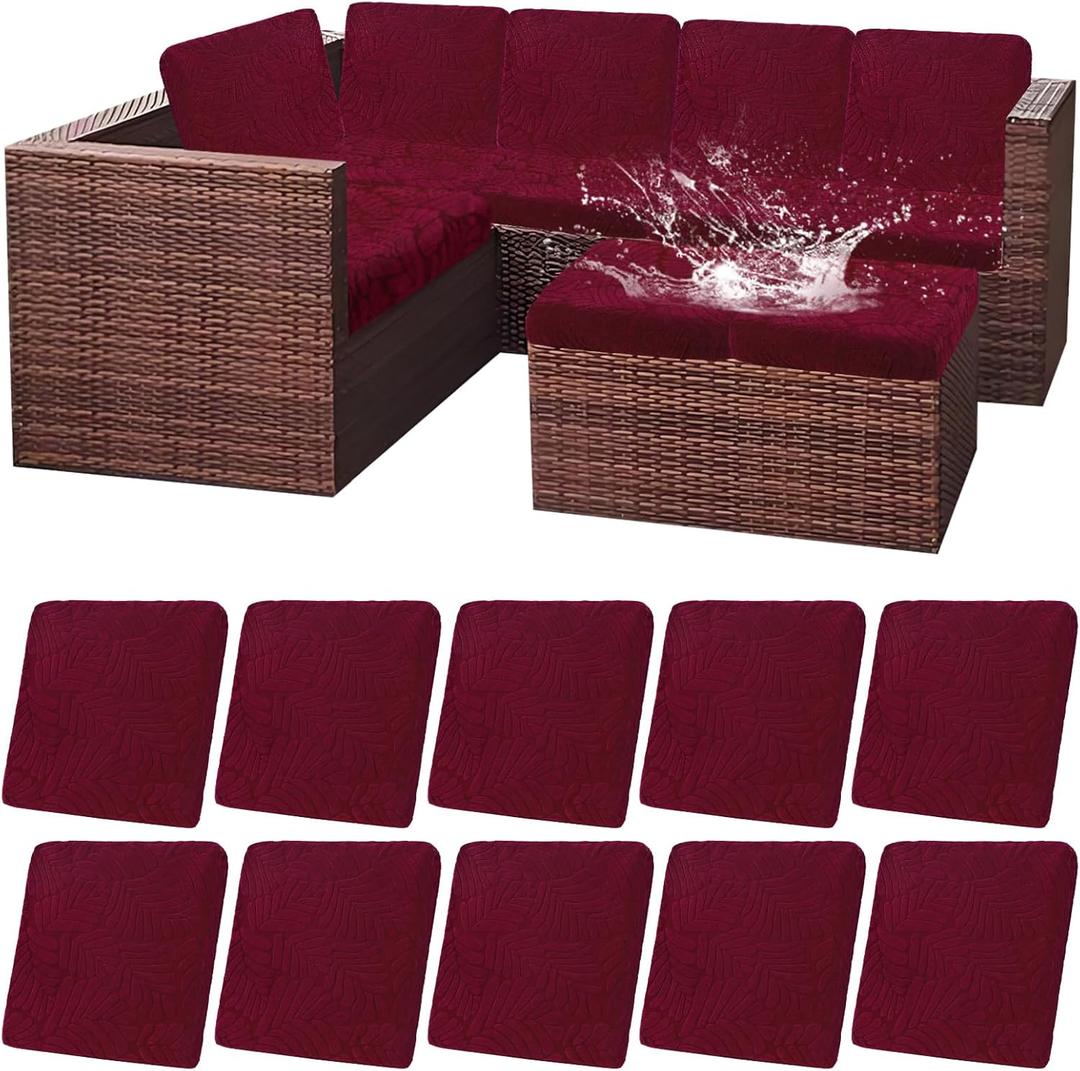 HEBE Outdoor Patio Cushion Covers Set of 10 Waterproof Stretch Seat Cushion Cover for Patio Furniture Clearance Outdoor Sofa Cushion Cover Replacement Couch Slipcovers Chair Seat Cover (Red)
