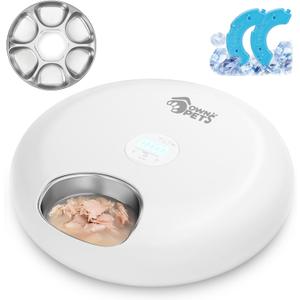 Ownpets Automatic Cat Feeder for Wet Food, with Stainless Steel Tray, 6 Meals Rechargeable Auto Pet Feeder with 2 Ice Packs, Cat Food Dispenser for Cats Small Dogs (White)
