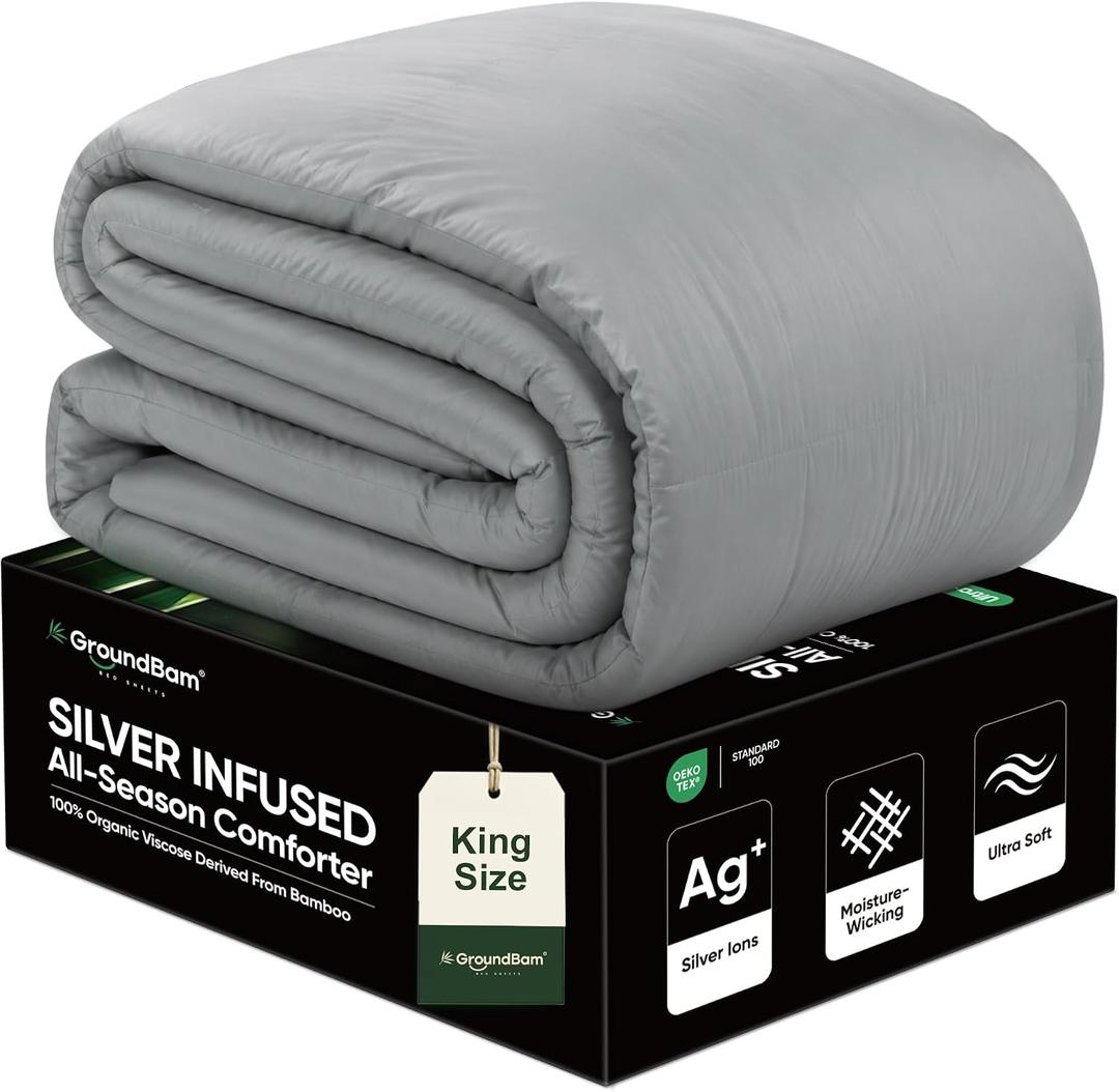 Cooling All-Season Down Alternative Comforter, Silver-Treated Lightweight Duvet Insert, Cool-to-The-Touch Bamboo Comforter, 100% Bamboo Viscose Outer Cover - Gray, King