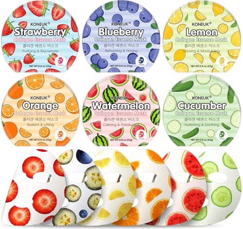 KONEUK 18 Pack Colorful Fruit Face Masks Skincare for Women, Bulk Sheet Hydrating Facial Mask for All Skin Types, Collagen Face Mask for Skin Care, Teacher Gifts, Mothers Day Gifts, Spa Party Gifts