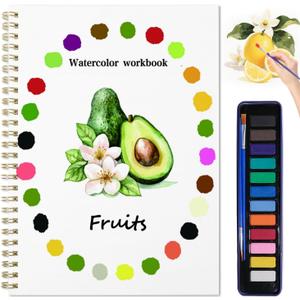 2 x Beginner Watercolor Painting Kit Watercolor Workbook Coloring Book 12 Colors Paint Set with Brush, Easily Master Beginner Friendly Watercolor Paint Set Gift for Adults Teens. (Fruit), 1 Count