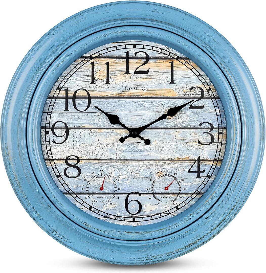 eYotto 18-Inch Large Indoor/Outdoor Wall Clock with Thermometer & Hygrometer, Battery-Operated Silent Non-Ticking Wall Clocks Waterproof for Patio, Pool, Bathroom, Garden, Beach House Decorative, Blue