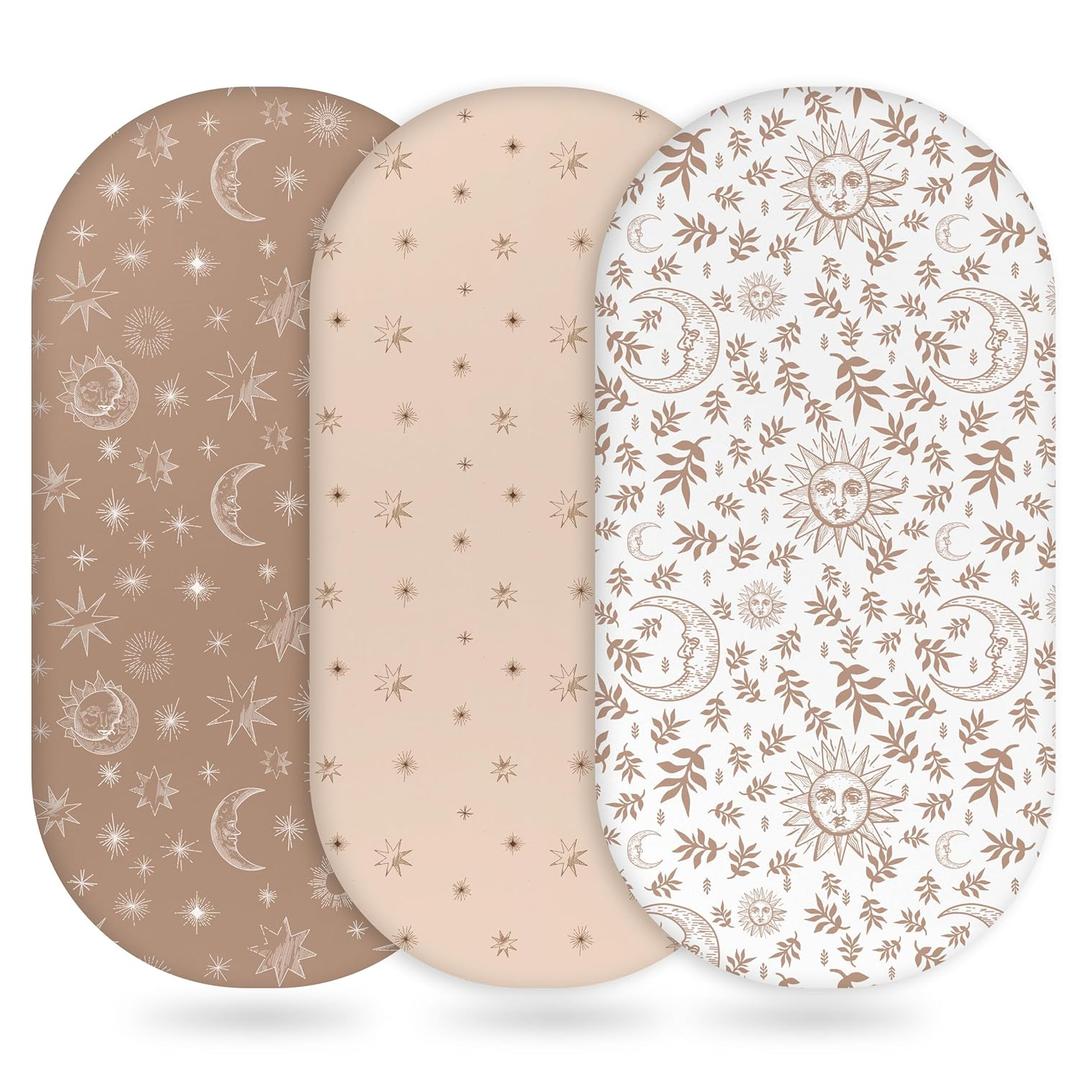Unnivoll Baby Bassinet Sheets Girl Boy, Fitted Bassinet Sheet Set 3 Pack Bassinet Mattress Sheets Universal Fit for Rectangle, Round, Oval, Hourglass Mattress, Soft Breathable White Brown Sun God
