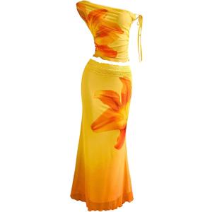 SOLY HUX Women's 2 Piece Outfit Floral Mesh Ruched One Shoulder Crop Tank Top and Bodycon Maxi Skirt Set Multicoloured Floral Large