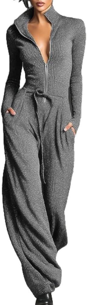 Womens Long Sleeve Jumpsuit Zipper Jacket Baggy Pants Outfits Casual Fall Overall Cargo Jumpsuit Going Out Outfits, Medium Gray