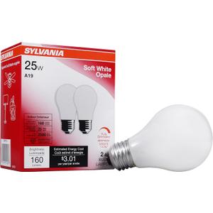 SYLVANIA Incandescent Light Bulb, 25W A19, Dimmable, Medium Base, 160 Lumens, 2850K, Soft White - 2 Count(Pack of 1)(10562) SYLVANIA Incandescent Light Bulb, 25W A19, Dimmable, Medium Base, 160 Lumens, 2850K, Soft White - 2 Count(Pack of 1)(10562)