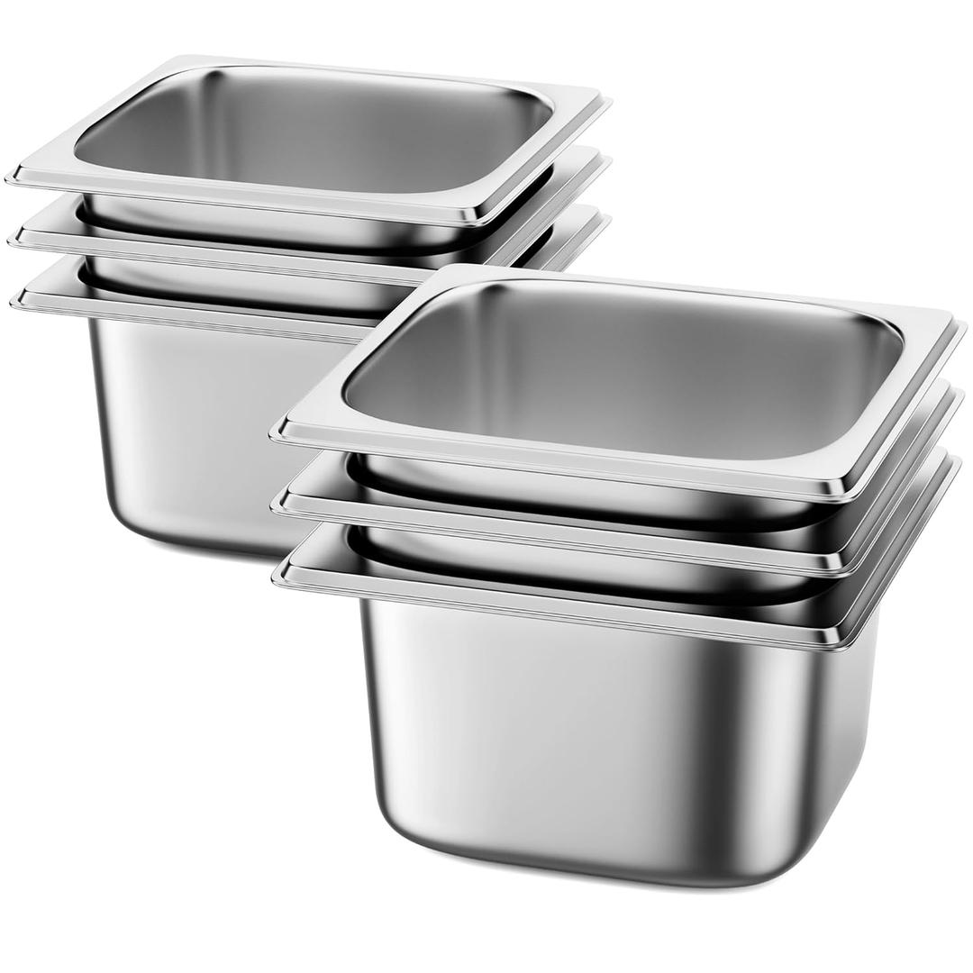 6 Pack Hotel Pans 1/6 Size 4" Deep Steam Table Pan 22 Gauge Anti Jam Stainless Steel Hotel Food Pan