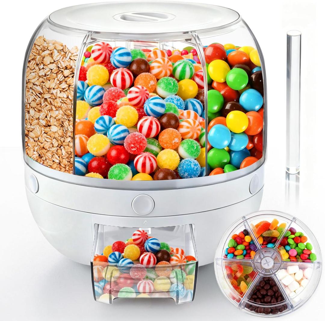 Palksky Candy Dispenser 360 Rotating with 6 Compartments, Airtight Dustproof Lid & Wide Opening, One-Click Output Large Capacity Candy Machine for Candy, Snacks, Nuts, Chocolates, and Cereals