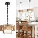 Rattan Pendant Light, 12.6" Boho Chandelier with Fabric Shade, Farmhouse Hanging Light Fixture Chandelier for Dining Room, Living Room, Bedroom, Kitchen Island, Foyer, Hallway