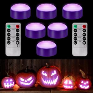 Riakrum 6 Pieces Thanksgiving Day Pumpkin Lights with Remote and Timer LED Pumpkin Lights Battery Operated Pat Jack O Lantern Bright Flameless Candles(Purple,Purple Light)