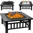 32 Inch Fire Pit Table with Fire Poker & Spark Screen, Outdoor Burning Fire Pits, 3 in 1 Metal Square Firepit Stove for Outside Heating, Bonfire Party, Camping, Patio, Garden