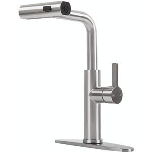 Besdor Waterfall Kitchen Faucet with Pull Down Sprayer, Single Handle Faucet for Kitchen Sink, 3 Function Sprayer, 360 Rotatable, 304 Stainless Steel, Brushed Nickel