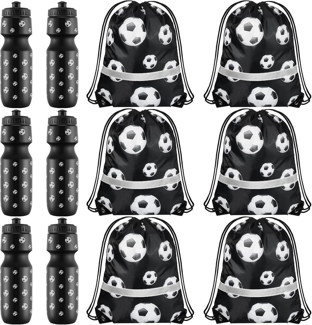 Talltalk 12 Pcs Soccer Gift Party Favors Set, Soccer Water Bottles 24 oz with Drawstring Bags, Sports Goodie Bags for Team Gifts, Sports Party Supplies for Birthday Decorations