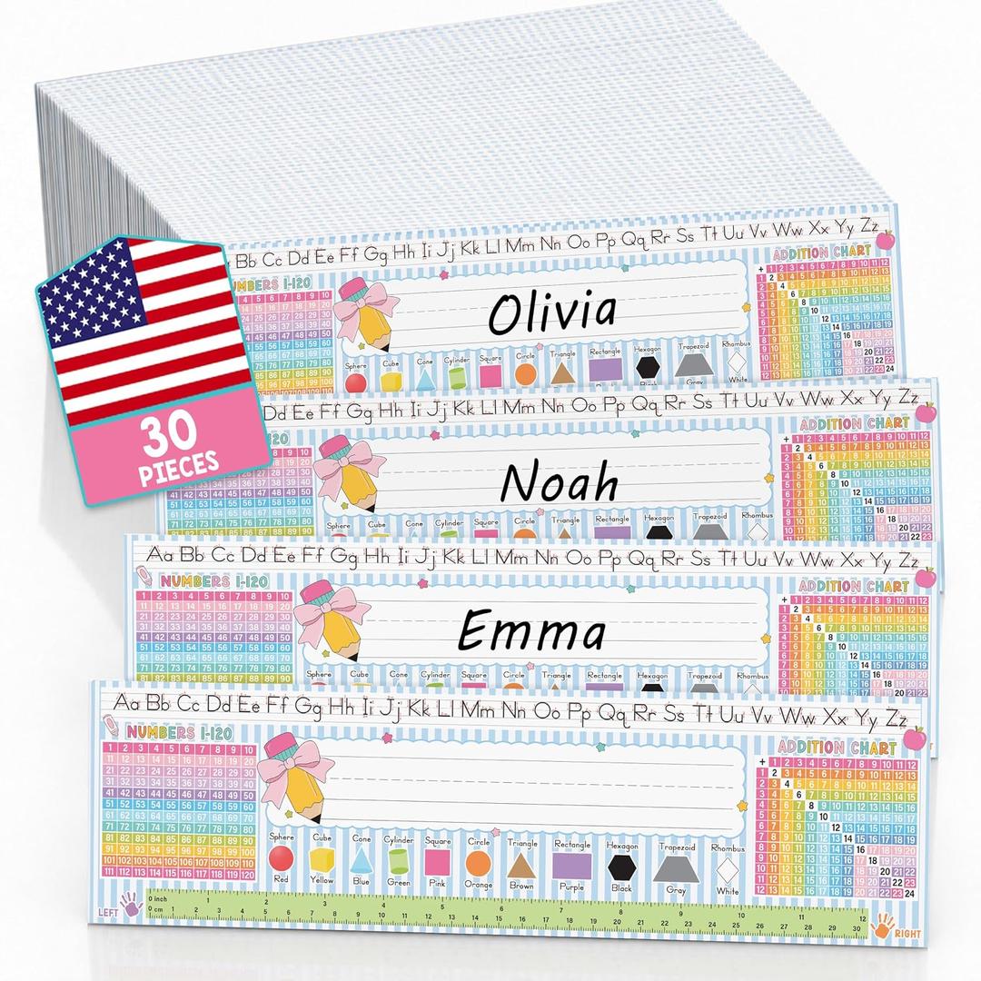 4 x BEAWART Desk Name Plates, 30 Pack Bold Stripes Student Alphabet Nametags