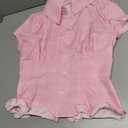 Women's Y2K Button Down Shirt Turn Down Collar Short Sleeve Plaid/Striped Print Frill Trim Crop Casual Top (Pink, S)