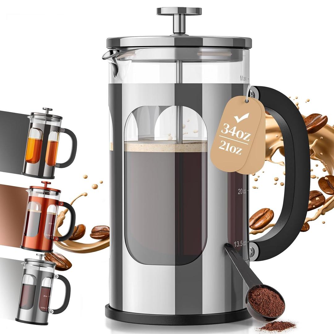 Veken French Press Coffee Maker 34oz 1 L, No Plastic Touching Cafe, Heat Resistant Thickened Borosilicate Glass, Stainless Steel Brewer, Cold Brew Cafeteria Teapot for Kitchen Travel Camping, Silver