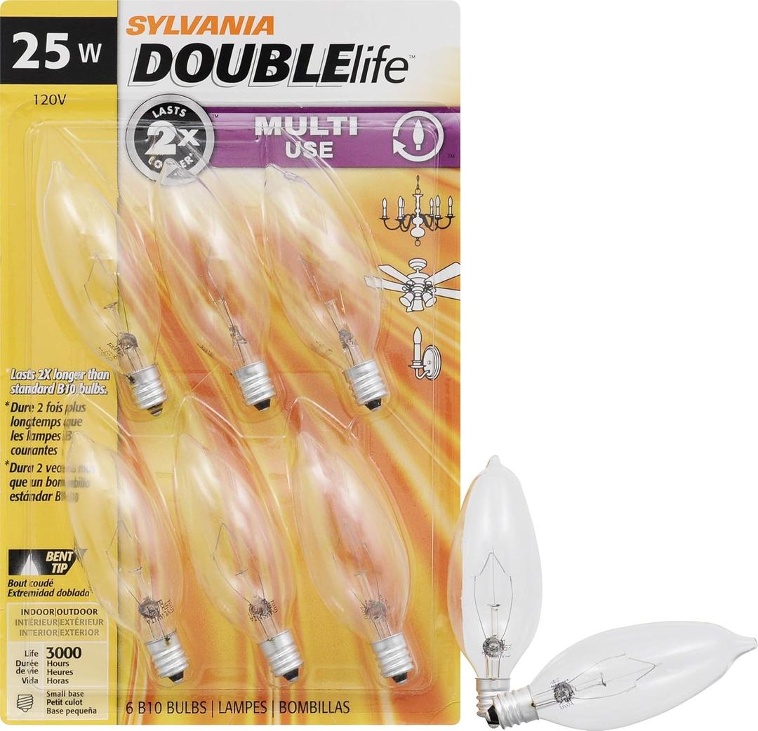 Sylvania Incandescent Double Life Light Bulb, B10, 25W, Candelabra Base, 175 Lumens, 2850K, Clear, Soft White - 6 Pack (18748)