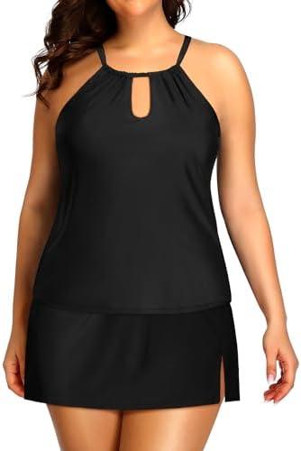 Yonique Women Two Piece Plus Size Tankini with Skirt Tummy Control Bathing Suits High Neck Swimsuits.22
