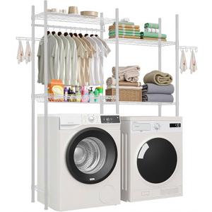 VEVOR Over The Washer and Dryer Storage Shelf, 4 Tier Laundry Room Drying Rack with Hanger Rod and Hooks, Adjustable Over Washer and Dryer Shelves, Laundry Room Shelf Storage Space Saver, White