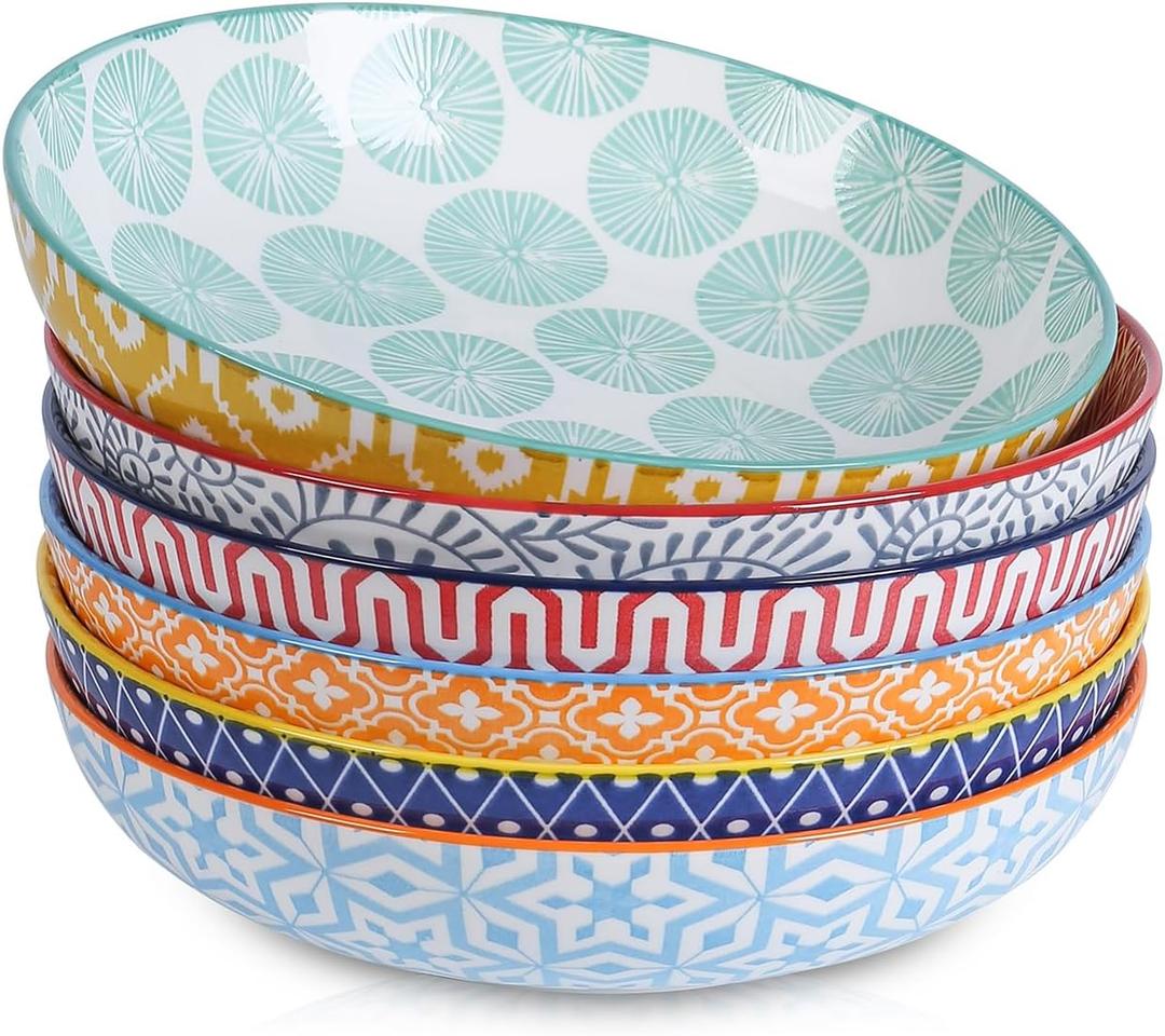 Selamica Ceramic Pasta Bowls Set 34 OZ, Large Salad & Dinner Bowls 8.6 Inch, Wide Shallow & Deep Plates for Pasta Soup, Microwave & Dishwasher Safe, Set of 6, Assorted Colors