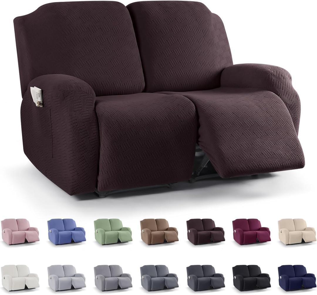 KinCam Recliner Covers, Stretch Reclining Chair Covers, Recliner Sofa Slipcovers Stripe Jacquard Recliner Couch Covers Furniture Protector Covers for Pet Kid (2 Seater, Dark Coffee)