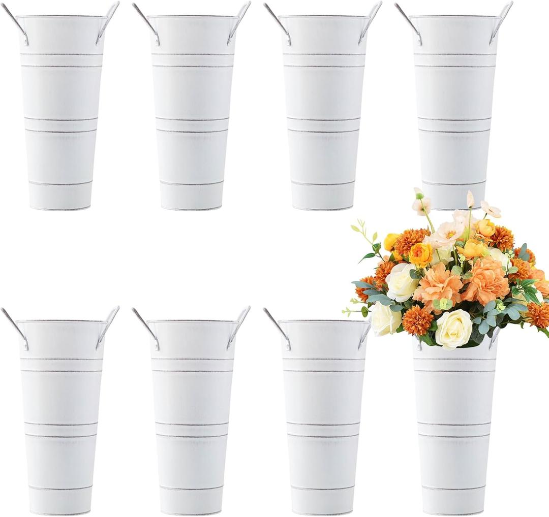 Haploon 8 Pack 9 Inch Vintage Galvanized Flower Bucket, Galvanized Metal Vases with Handles Farmhouse French Flower Bucket Vases for Home Deco Wedding Table Centerpiece Flower Centerpieces Decor