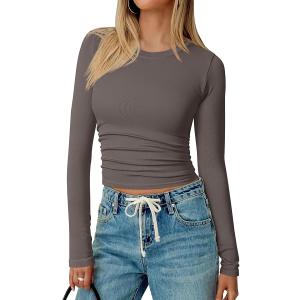 TOB Womens Shirts Long Sleeve Crew Neck Basic Fitted Crop Tops Casual Fashion T-Shirt for Women (S)