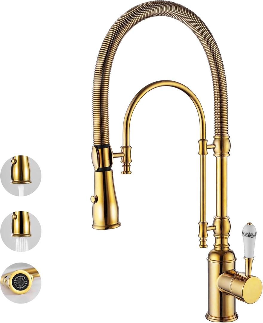 Classical High Arc Single Handle Spring Kitchen Faucet with Pull Down Spray, Swiveling Commercial Single Handle Kitchen Sink Faucets for Farmhouse, Gold