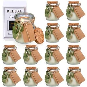 MTLEE 12 Sets Wedding Favors for Guests Wedding Candle Gifts Glass Candle Jars Bulk Scented Soy Wax Candle Set with DIY Tag Cards for Bridesmaid Bridal Shower Wedding Party Favors (Green Leaves)