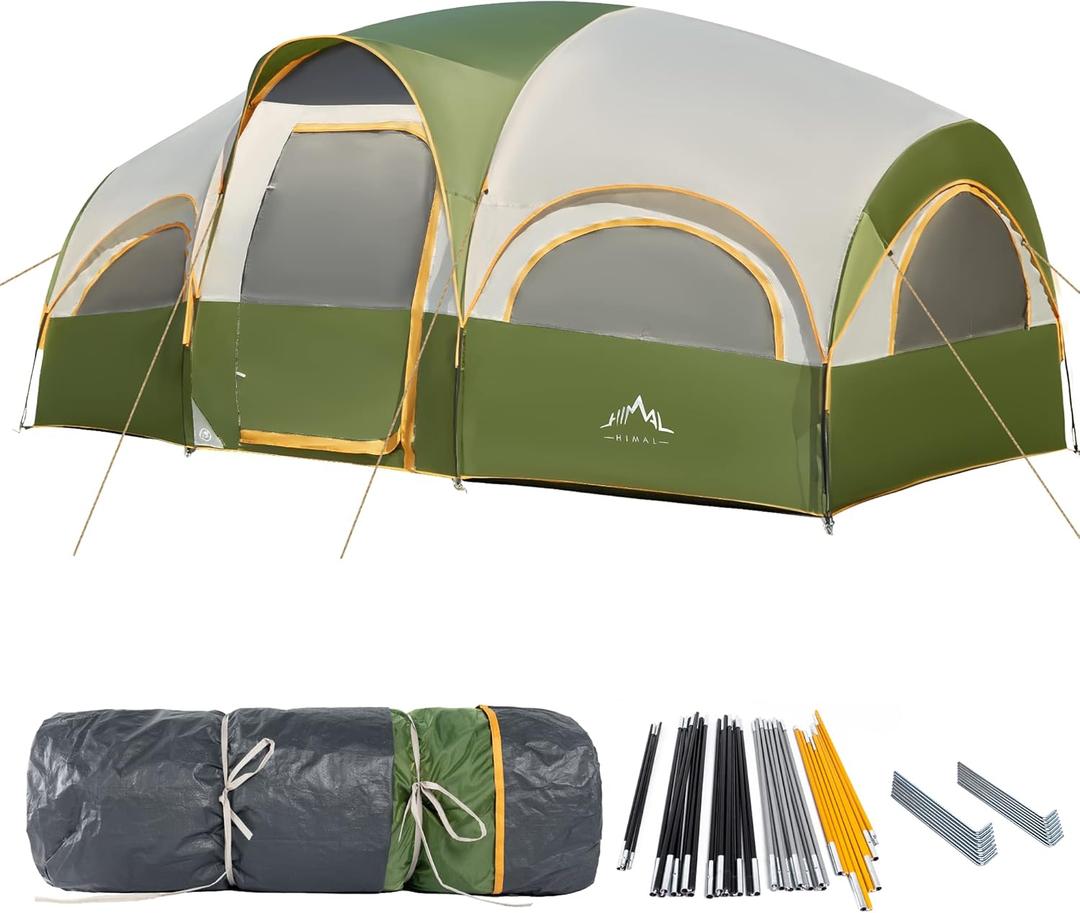 GoHimal 8 Person Tent for Camping, Waterproof Windproof Family Tent with Rainfly, Divided Curtain Design for Privacy Space, Portable with Carry Bag (Green)