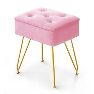 Vanity Stool Chair with Storage, Square Velvet Makeup Vanity Chair with Metal Legs & Adjustable Gold Feet, Flip Top Ottoman Foot Rest with Soft Padded Seat for Bedroom Living Room, Black