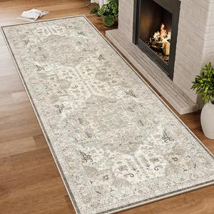 2x6 Washable Hallway Runner Rug - Kitchen Rugs with Non Slip Backing Vintage Soft Farmhouse Entryway Mat for Living Room Laundry Bedroom Brown/Ivory
