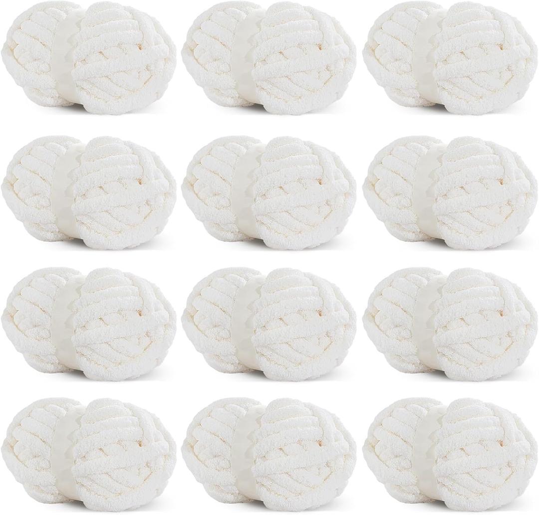 HOMBYS White Chunky Chenille Yarn for Crocheting, Bulky Thick Fluffy Yarn for Knitting,Super Bulky Chunky Yarn for Hand Knitting Blanket, Soft Plush Yarn, 12 Jumbo Pack (27 yds,8 oz Each Skein) (Cream)
