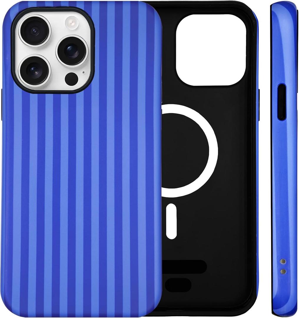 for iPhone 16 Pro Max Case Cute Striped Phone Case Compatible with MagSafe, Dual-Layer Shock Protection(Hard PC + Silicone) - Aesthetic Protective Phone Cover for Women Girl, Navy