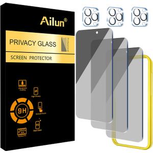 Ailun 3Pack Privacy Screen Protector for iPhone 15 Pro [6.1 inch]+3Pack Camera Lens Protector with Installation Frame, Dynamic Island Compatible, Anti Spy Private Tempered Glass[9H Hardness]-HD