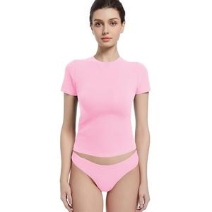 Abonlen Crewneck Short Sleeve T Shirts for Women Fitted Basic TeesY2k Going Out Tops (-Large, Cherry Blossom)