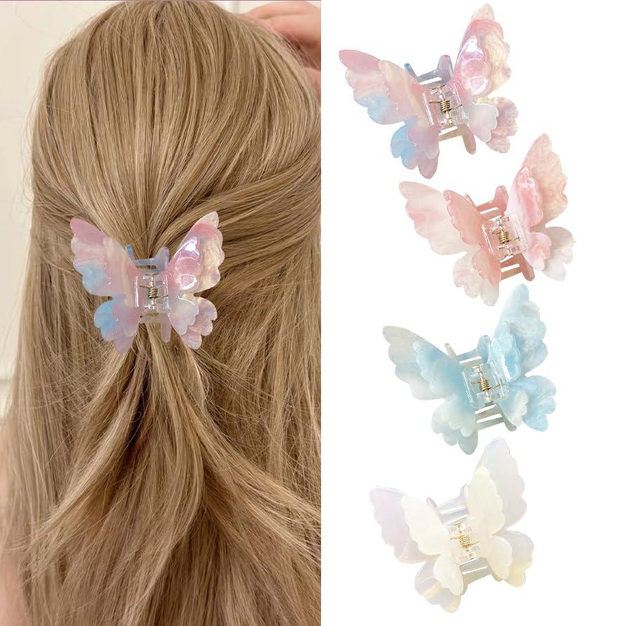 Fantasy Gradient Color Double Layered Butterfly Hair Clips, Medium Acrylic Claw Clips for Thick Thin Hair, Non-Slip Butterfly Jaw Clips, Beautiful Hair Accessories for Girls and Women (Dreamy Double)