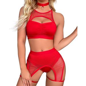Women Rave Outfits Cutout Fishnet Top Booty Shorts Bottom Choker 3Pcs Babydoll Nightwear Festival Lingerie (Medium, Red)