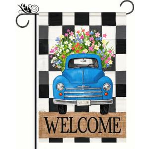 Garden Flag 12x18 Double-Sided Spring Decoration Vintage Blue Truck with Colorful Flowers, Welcome Checkered Backdrop Sign for Seasonal Yard and Outdoor Dcor