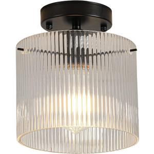 Modern Semi Flush Mount Ceiling Light, Industrial Clear Glass Ceiling Light, Crystal Ceiling Lamp, Farmhouse Hallway Light Fixtures for Entryway Kitchen Dining Room, Black