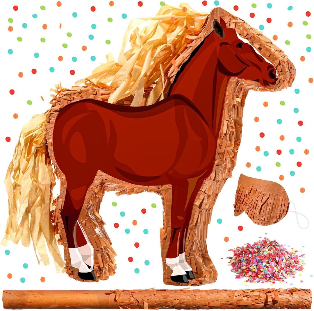 Jenaai Horse Piata 3D Horse Piata Set with Stick Blindfold and Confetti Pack Farm Bundle Cowboy for Birthday Party Game Favors Supplies 14.6x12.6x3 Inch
