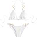 WDIRARA Women's Ring Halter Bikini Swimsuit 2 Piece Tie Back Bathing Suit (White) Small