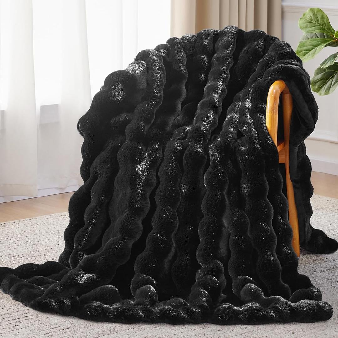 Faux Fur Throw Blanket, 1000GSM Fluffy Soft Bubble Blanket for Couch Bed, Cozy Plush Warm and Thick Blanket, Fuzzy Rabbit Throw for Living Room Bedroom 80''*90'' Black (Queen)