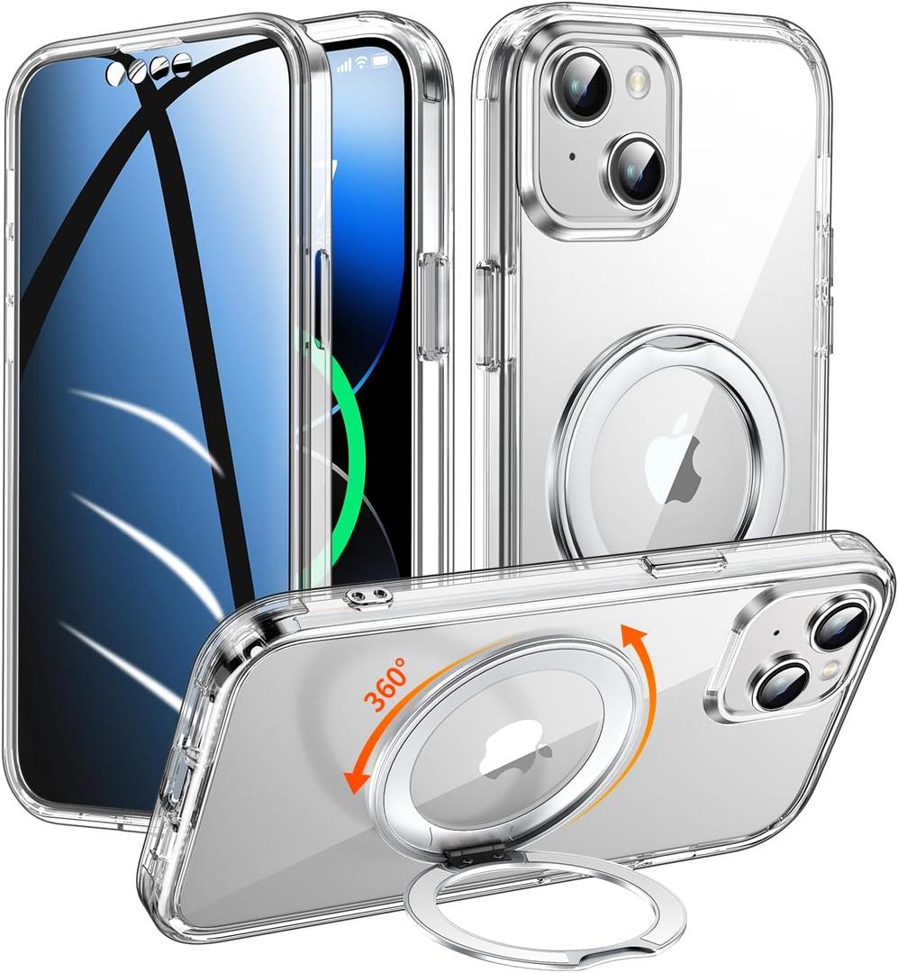 Privacy Case for iPhone 13/iPhone 14 with 360Stand [Built-in Anti Peeping Screen Protector] [Compatible with MagSafe] [Magnetic Ring ] Full Body Protective Phone Cover 6.1", Clear
