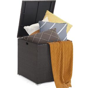 Tangkula 72 Gallon Square Deck Box, Patio Mix Brown Rattan Storage Container w/Zippered Liner & Solid Pneumatic Rod, Sturdy L-Shaped Aluminum Feet, Outdoor Wicker Deck Box for Front Porch, Backyard