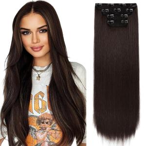 REECHO 28" Straight Super Long 4 PCS Set Thick Clip in on Hair Extensions Dark Brown with Little Reddish