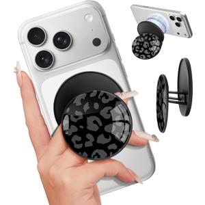 Kidcube Magnetic Phone Grip Compatible with Magsafe - Cell Phone Grip Stand Magnetic Ring Holder Finger Kickstand for iPhone 17 16 15 14 13 12 Series Magnet Removable Accessories Cute Black Leopard