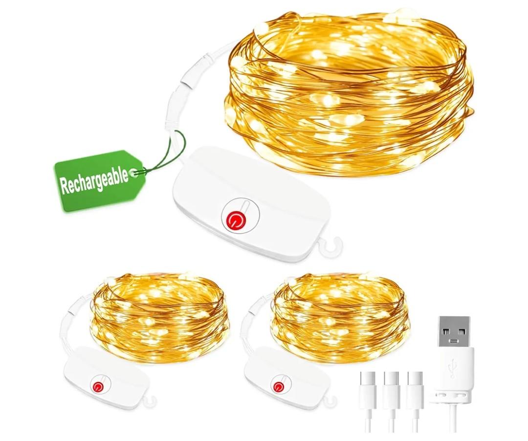 3pcs Mini Fairy Lights Rechargeable, 9.8ft 30 LED String Light Battery Operated, 8 Modes with Timer, Removable Battery Compartment, Copper Wire Fairy Light for Indoor Wedding Party Xmas Decoration